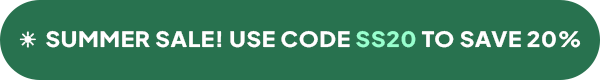 A green lozenge shape with the text in white: "☀ SUMMER SALE! USE CODE SS20 TO SAVE 20%"